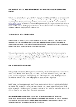 How Can Water Charity in Canada Make a Difference with Water Pump Donations and Water Well Charities