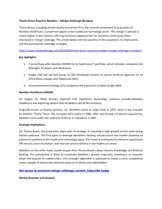 Thoma Bravo Acquires NextGen – Merger Arbitrage Mondays
