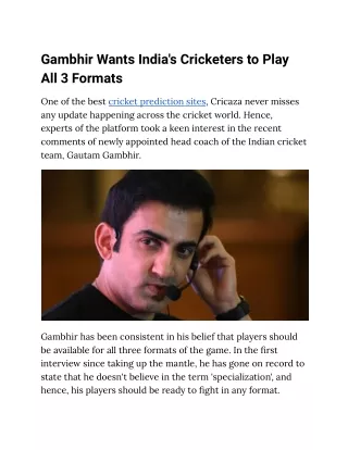 Gambhir Wants India's Cricketers to Play All 3 Formats