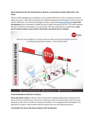 Boom Gate Barrier System with Tail Detection for Smooth Traffic Flow in UAE Toll Plazas