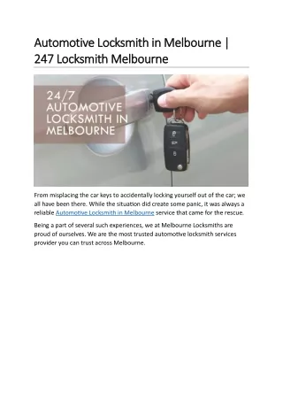 Automotive Locksmith in Melbourne  247 Locksmith Melbourne