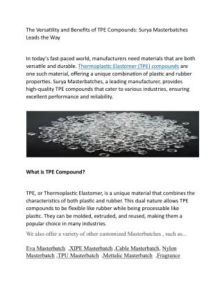 The Versatility and Benefits of TPE Compounds: Surya Masterbatches Leads the Way