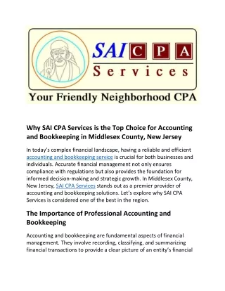 Why SAI CPA Services is the Top Choice for Accounting and Bookkeeping in Middlesex County