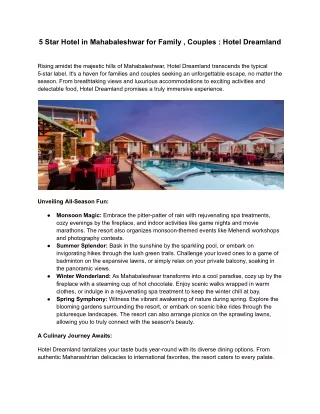 5 Star Hotel in Mahabaleshwar for Family , Couples _ Hotel Dreamland
