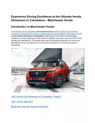 Experience Driving Excellence at the Ultimate Honda Showroom in Coimbatore - Manchester Honda