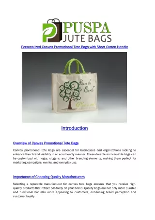 Personalized Canvas Promotional Tote Bags with Short Cotton Handle