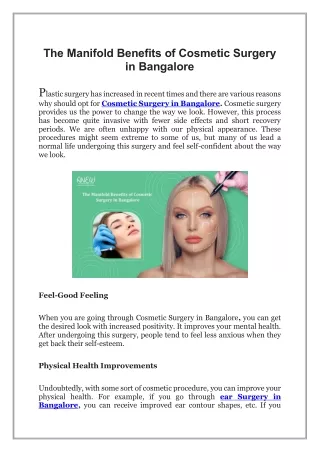 The Manifold Benefits of Cosmetic Surgery in Bangalore