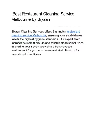 Best Restaurant Cleaning Service Melbourne by Siyaan