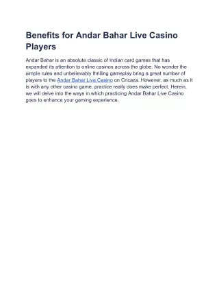 Benefits for Andar Bahar Live Casino Players