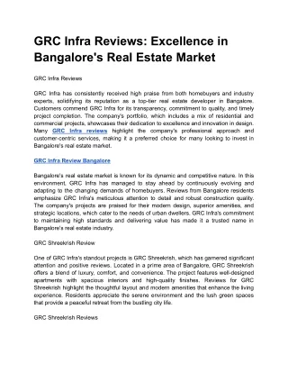 GRC Infra Reviews_ Excellence in Bangalore's Real Estate Market