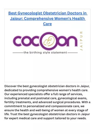 Best Gynecologist Obstetrician Doctors in Jaipur Comprehensive Women's Health Care