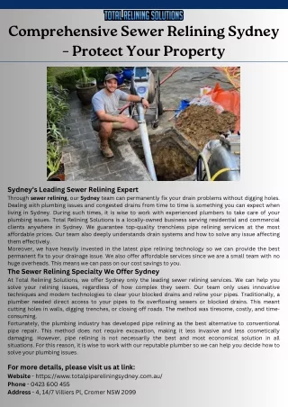 Comprehensive Sewer Relining Sydney – Protect Your Property