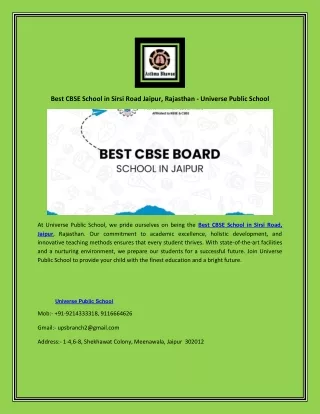 Best CBSE School in Sirsi Road Jaipur, Rajasthan