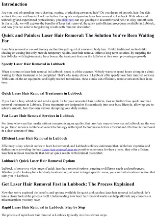 Quick and Painless Laser Hair Removal in Lubbock: Say Goodbye to Discomfort