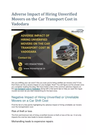 Adverse Impact of Hiring Unverified Movers on the Car Transport Cost in Vadodara