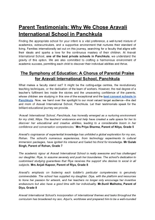 Parent Testimonials Why We Chose Aravali International School in Panchkula