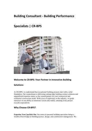 Building Consultant - Building Performance Specialists | CR-BPS