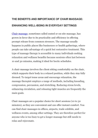 THE BENEFITS AND IMPORTANCE OF CHAIR MASSAGE: ENHANCING WELL-BEING IN EVERYDAY S