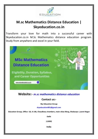 M.sc Mathematics Distance Education  Skyeducation.co.in