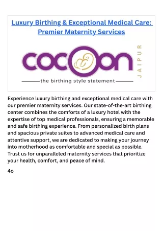 Luxury Birthing & Exceptional Medical Care Premier Maternity Services