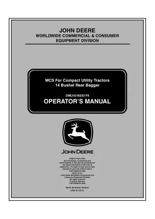 John Deere 14 Bushel Rear Bagger MCS For Compact Utility Tractors Operator’s Manual Instant Download (Publication No.183