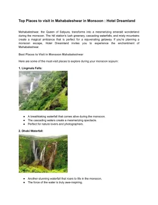 Top Places to visit in Mahabaleshwar in Monsoon _ Hotel Dreamland