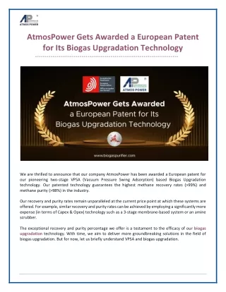 AtmosPower Gets Awarded a European Patent for Its Biogas Upgradation Technology