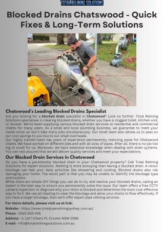 Blocked Drains Chatswood - Quick Fixes & Long-Term Solutions