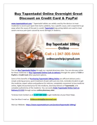 Buy Tapentadol Online Overnight Great Discount on Credit Card & PayPal
