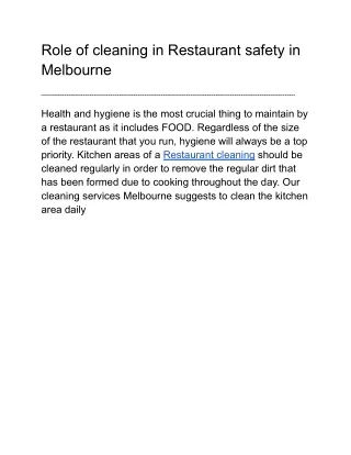 Role of cleaning in Restaurant safety in Melbourne