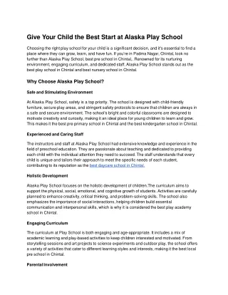 Give Your Child the Best Start at Alaska Play School