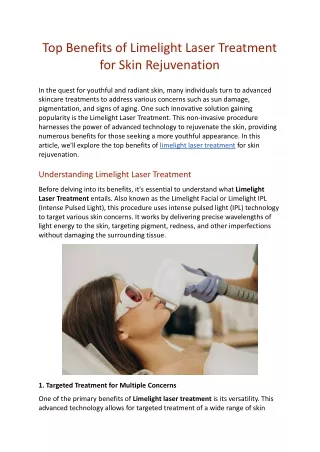 Top Benefits of Limelight Laser Treatment for Skin Rejuvenation