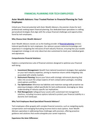 Financial Planning for Tech Employees | Avier Wealth Advisors