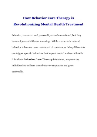 Behavior Care Therapy: Transforming Lives Through Innovative Mental Health