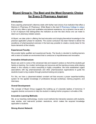 With Biyani, Boost Your D Pharmacy Career