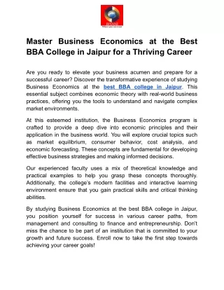 Master Business Economics at the Best BBA College in Jaipur for a Thriving Career