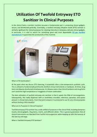 Utilization Of Twofold Entryway ETO Sanitizer In Clinical Purposes