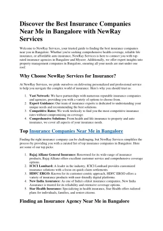 Discover the Best Insurance Companies Near Me in Bangalore with NewRay Services