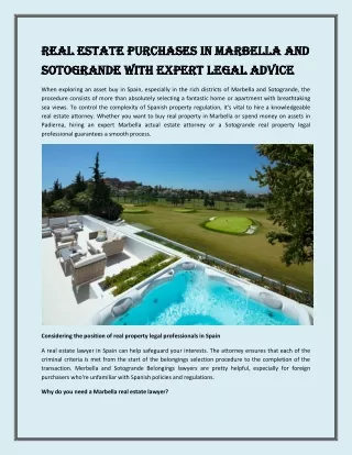 Real Estate Purchases in Marbella and Sotogrande with Expert Legal Advice