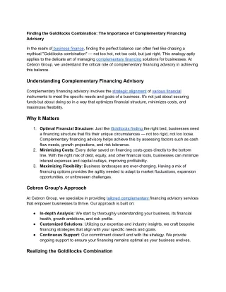 07. Finding the Goldilocks Combination_ The Importance of Complementary Financing Advisory