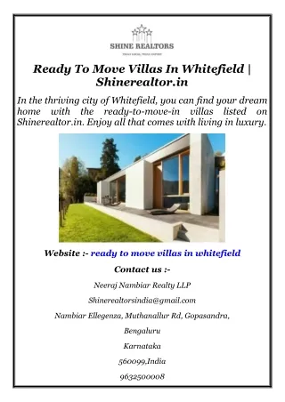 Ready To Move Villas In Whitefield  Shinerealtor.in