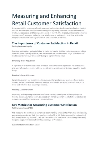 Measuring and Enhancing Retail Customer Satisfaction