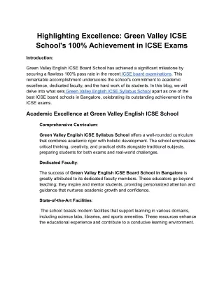 Green Valley ICSE School Achievement in ICSE Exams