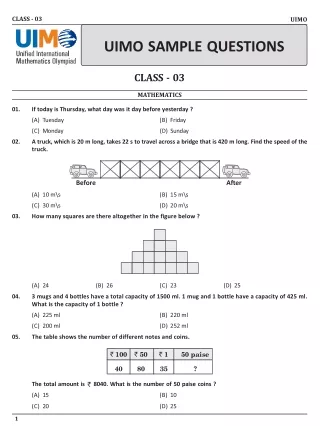 Unified International Mathematics Olympiad (UIMO) Class 3 Sample Paper