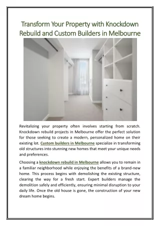 Transform Your Property with Knockdown Rebuild and Custom Builders in Melbourne