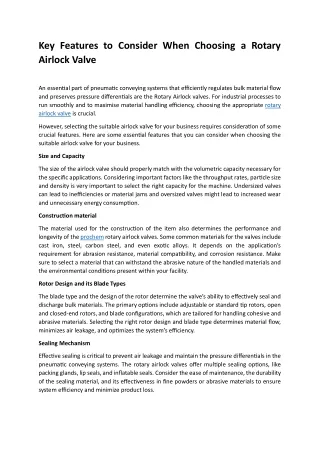 Key Features to Consider When Choosing a Rotary Airlock Valve