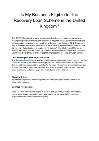 Is My Business Eligible for the Recovery Loan Scheme in the United Kingdom