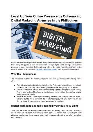 Level Up Your Online Presence by Outsourcing Digital Marketing Agencies in the Philippines