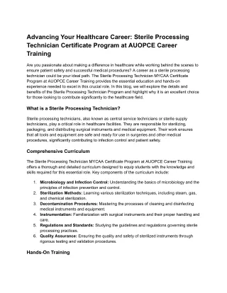 Advancing Your Healthcare Career- Sterile Processing Technician Certificate Program at AUOPCE Career Training