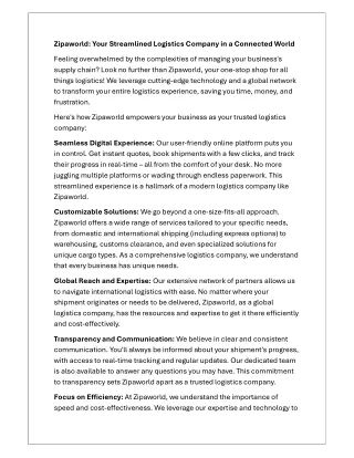 Zipaworld: Your Streamlined Logistics Company in a Connected World